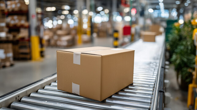 Open cardboard box on conveyor belt in warehouse with back haul cost efficiency focus for logistics and supply chain management, low-angle perspective following conveyor direction,