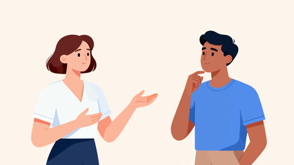 Obraz premium A man and a woman are talking to each other. The man is looking at the woman with a puzzled expression on his face