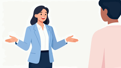 Fototapeta premium A woman in a blue jacket is talking to a man in a white jacket. The woman is smiling and the man is looking at her