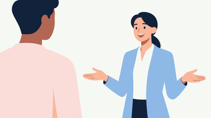 Fototapeta premium A woman is talking to a man in a blue suit. The woman is smiling and the man is looking at her