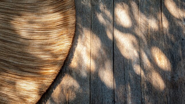 Closeup of smooth rounded abaca fiber strands intricately woven into a circular mat resting on a weathered wooden surface with dappled sunlight casting shadows
