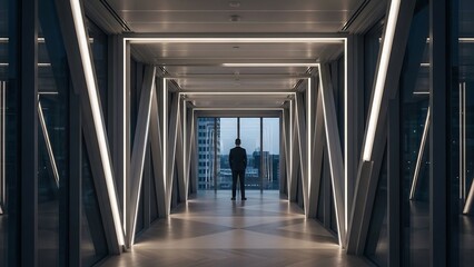 Obraz premium Male executive standing at the end of a long modern office corridor with strong leading lines, neutral architectural background, cinematic business photography for leadership branding and corporate vi