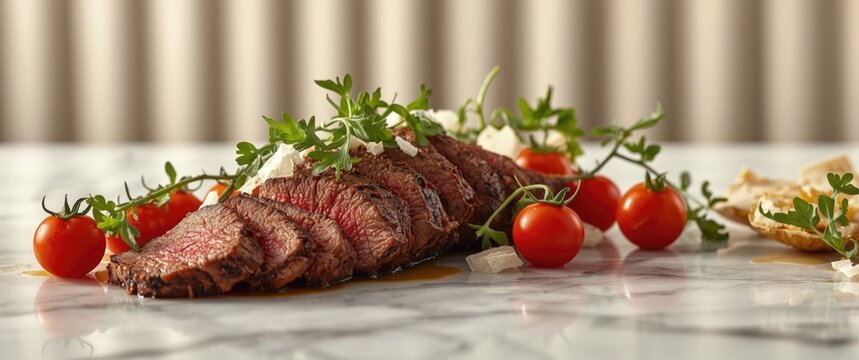 Sliced roast beef served on a marble table with aragula, parmesan, and tomatoes vertically arranged