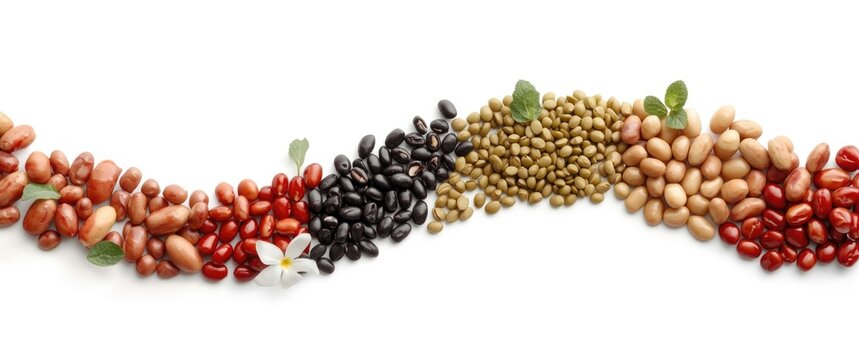 Assortment of beans and lentils isolated against white backdrop