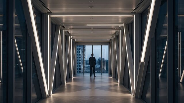 Male executive standing at the end of a long modern office corridor with strong leading lines, neutral architectural background, cinematic business photography for leadership branding and corporate vi