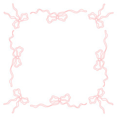 Obraz premium Hand drawn bow ribbon frame in pink line art. Cute minimal doodle border isolated on white background. Feminine decorative frame for invitation, card, wedding, branding and stationery design.