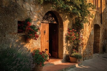 Fototapeta premium Charming stone entrance framed by ivy and colorful window boxes in a Tuscan setting