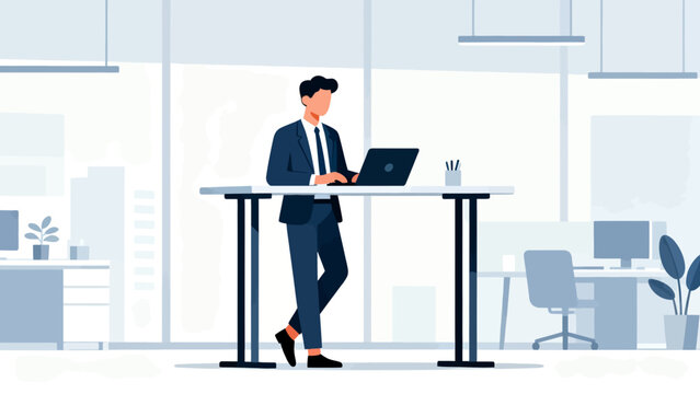 A man in a suit is standing in front of a desk with a laptop. The scene is set in an office with a window and a potted plant. The man is working on his laptop, possibly for a job