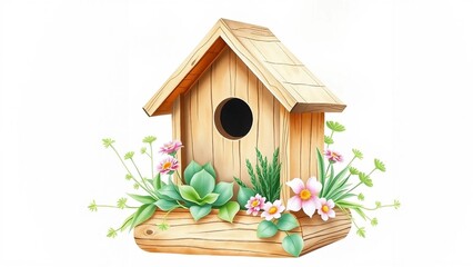Whimsical watercolor illustration of a wooden birdhouse transformed into a planter with green plants and flowers. Charming spring artwork with white background and copy space.