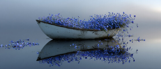 Obraz premium Minimalist Conceptual Digital Render Depicting an Aged, Weathered Rowboat Filled with Blue Forget-Me-Not Flowers