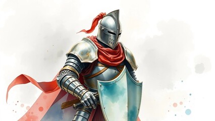 Watercolor illustration of a medieval knight in armor holding a shield. Fantasy and historical artwork with soft paint splashes and white background.
