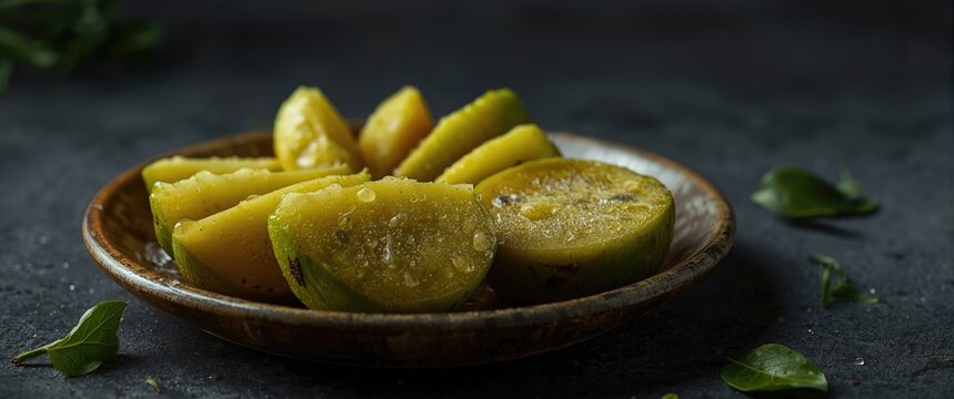 Plate of sliced boiled breadfruit on a dark background