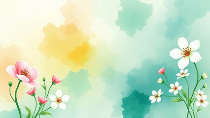 Soft spring watercolor background with delicate flowers and pastel color splashes. Fresh floral illustration with copy space for text and design projects.