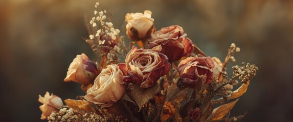 Close-up shot of a withered roses bouquet