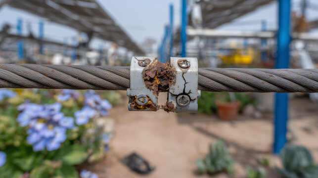 Community solar panel connectors show decline with visible rust and corrosion on cables highlighting maintenance needs and outdoor exposure, macro focus on corrosion cracks and rus
