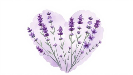 Gentle watercolor heart shape filled with lavender flowers in soft purple tones. Romantic and calming floral illustration symbolizing love, healing and nature.