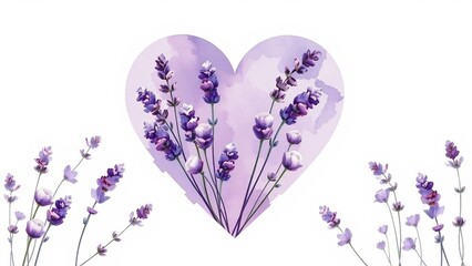 Gentle watercolor heart shape filled with lavender flowers in soft purple tones. Romantic and calming floral illustration symbolizing love, healing and nature.