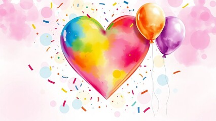Festive watercolor heart with pastel rainbow colors, balloons and confetti. Joyful illustration perfect for celebrations, birthdays, pride and happy occasions.