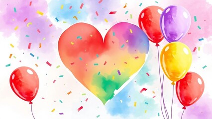 Festive watercolor heart with pastel rainbow colors, balloons and confetti. Joyful illustration perfect for celebrations, birthdays, pride and happy occasions.