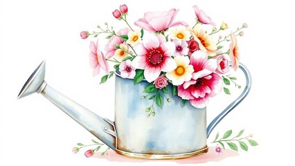 Charming watercolor painting of a rustic watering can filled with blooming flowers. Soft botanical illustration ideal for garden themes and cozy decor.