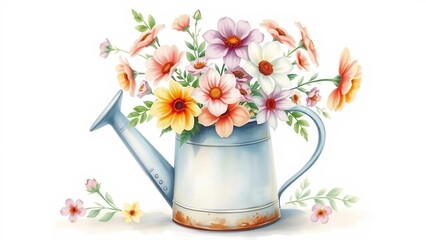 Charming watercolor painting of a rustic watering can filled with blooming flowers. Soft botanical illustration ideal for garden themes and cozy decor.