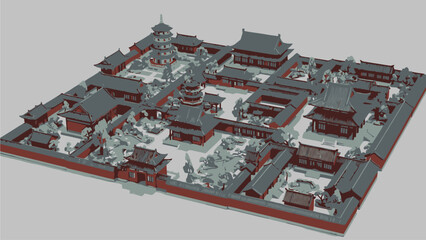 3D Model of Traditional Chinese Temple Complex