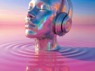 Detailed close-up of an iridescent cyborg head with headphones, covered in water droplets, emerging from calm pink water.