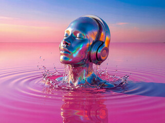 Detailed close-up of an iridescent cyborg head with headphones, covered in water droplets, emerging from calm pink water.
