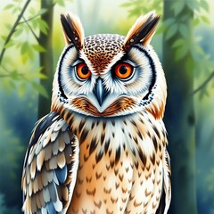 Expressive watercolor portrait of an owl with glowing eyes in a forest setting. Mystical wildlife illustration symbolizing wisdom, intuition and night nature.