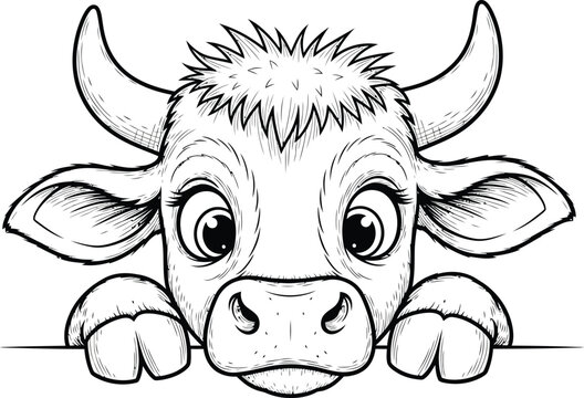 Adorable cartoon baby cow with big eyes and shaggy hair peeking over a surface a black and white line art illustration.
