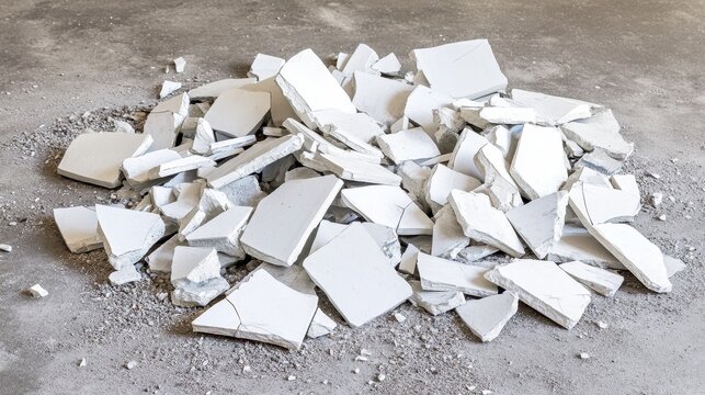 Pile of shattered white ceramic tiles broken into many pieces on a concrete surface