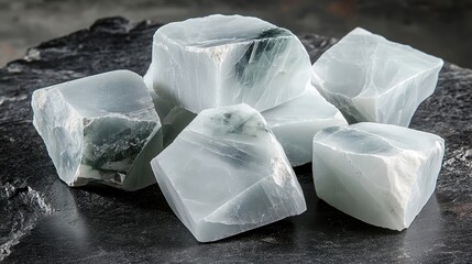 Pile of unpolished marble fragments with smooth surfaces and natural veining