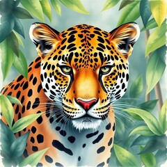 Striking watercolor portrait of a jaguar in dense jungle foliage. Vibrant colors and sharp details, perfect for wildlife art, exotic animals and nature themed designs.