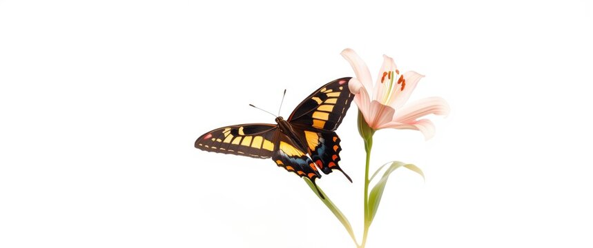 Bright Rothschild's birdwing butterfly in flight near a pink lily flower against a white background