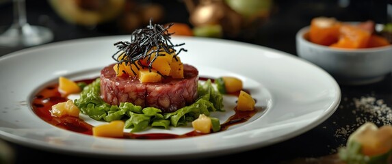 White plate featuring tropical fruit salsa, tuna tartare, seaweed, and green salad with balsamic reduction sauce