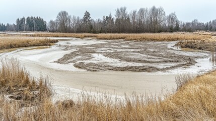 Landscape showing sediment-laden water receding after flooding