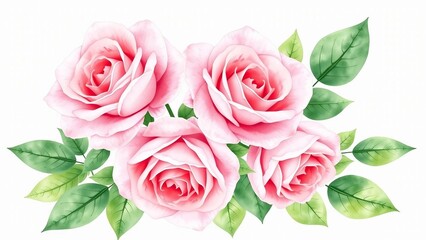 Delicate watercolor pink roses with green leaves on a transparent background. Elegant floral illustration perfect for wedding designs, invitations, scrapbooking and decor.