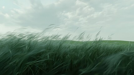Long green grasses swaying wildly in a gusting wind under a cloudy sky creating a dynamic natural landscape