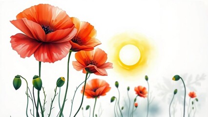 Beautiful watercolor painting of red poppies at sunset. Soft gradients and warm light create a peaceful floral landscape ideal for wall art and nature designs.