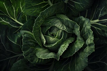 Fototapeta premium Close up of a vibrant green cabbage head, highlighting the detailed texture of its leaves and glistening water droplets, conveying freshness and healthy growth