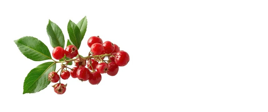 Branch of vibrant red barberries on white surface
