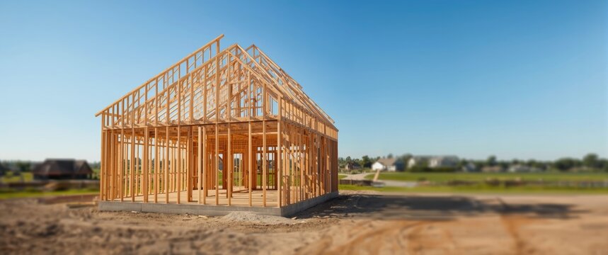 New home construction with wooden framing