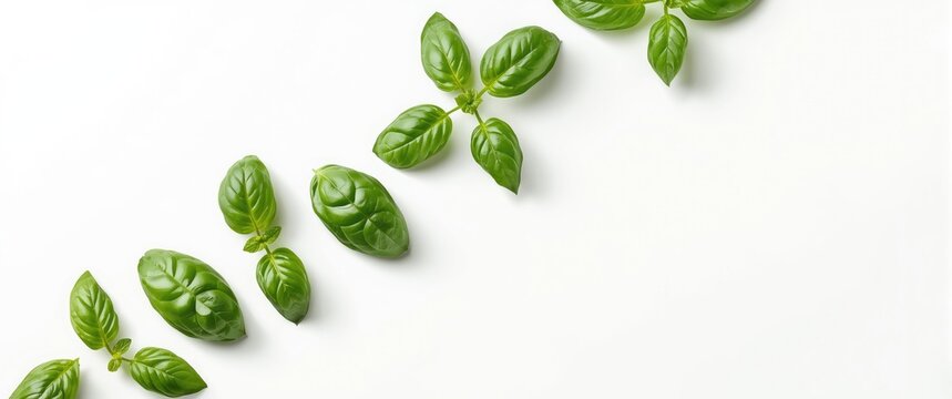 Different sizes of basil leaves set against a white background