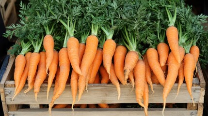 Freshly Harvested Carrots with Green Tops in Wooden Box