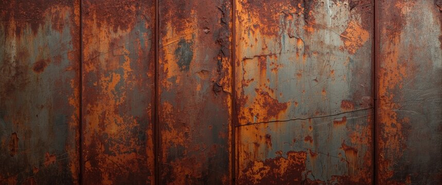 Rusty corrosion and oxidized background on a horizontal banner with grunge rusted metal texture