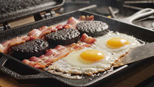 Frying a full Irish breakfast in a hot pan. Sizzling bacon, eggs, and black pudding on a cast iron griddle. Morning comfort food preparation
