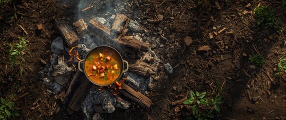 Cooking vegetable soup outdoors in a cast iron cauldron, viewed from above in a natural setting