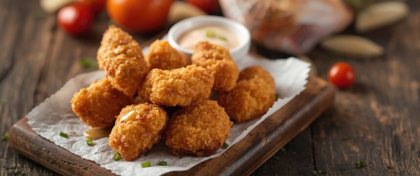 Close-up shot of chicken nuggets served with sauce on a table