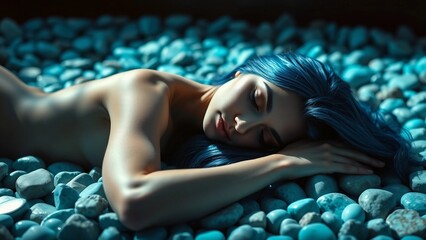 Dreamy portrait of a woman with long powder blue hair resting on polished turquoise stones. Calm surreal atmosphere ideal for beauty, wellness and fantasy concepts.