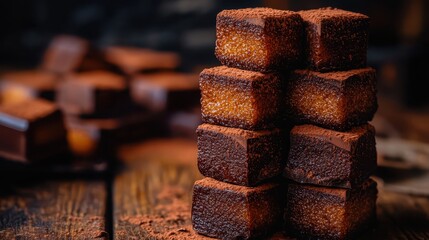 Perfectly stacked dark rich chocolate cubes dusted with cocoa powder on a wooden surface